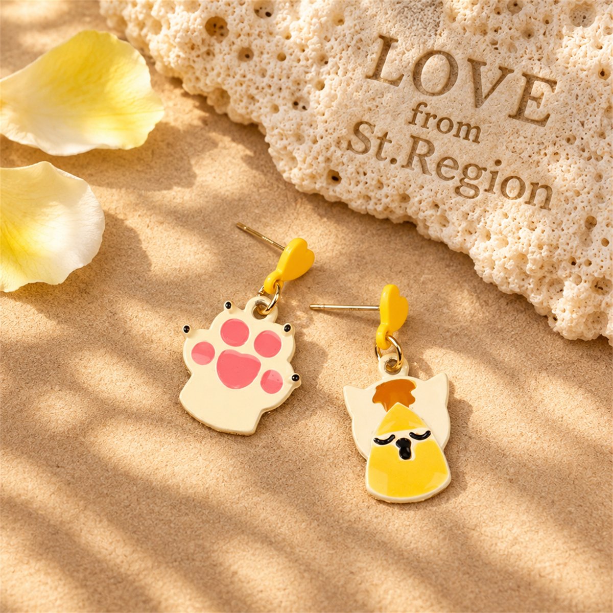 Yellow and White Cat and Paw Drop Earrings, drop earrings for women, botanical inspired, lifestyle look