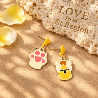 Yellow and White Cat and Paw Drop Earrings, drop earrings for women, botanical inspired, lifestyle look