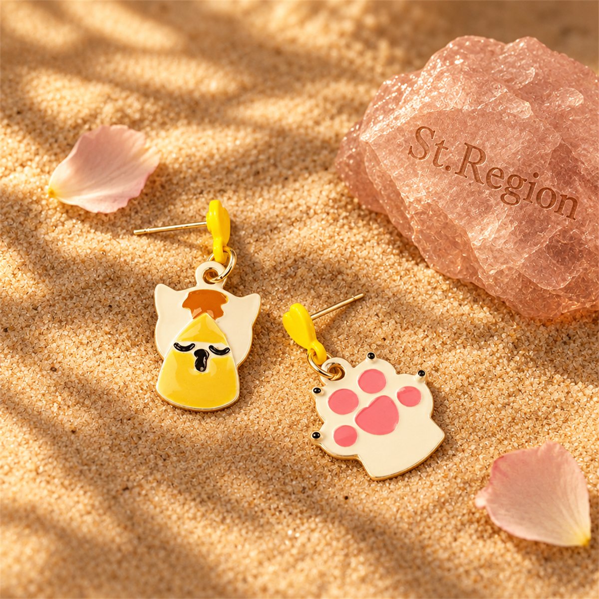 Yellow and White Cat and Paw Drop Earrings, drop earrings for women, botanical inspired, detail close-up