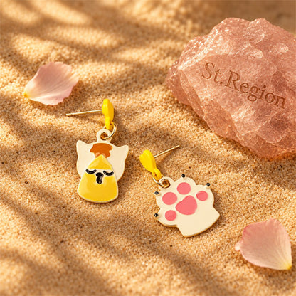 Yellow and White Cat and Paw Drop Earrings, drop earrings for women, botanical inspired, detail close-up