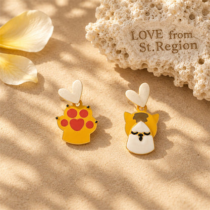 Yellow Enamel and Silver-Plated Cat Paw Dangle Earring, silver drop earrings for women, elegant gift for her, lifestyle look