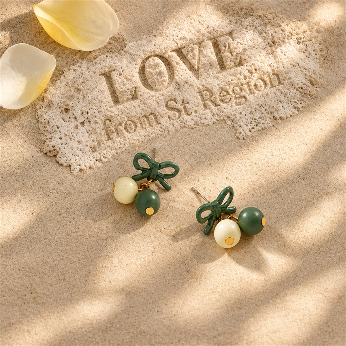 Green Enamel and 18K Gold-Plated Bow Drop Earrings, gold drop earrings for women, everyday style, lifestyle look