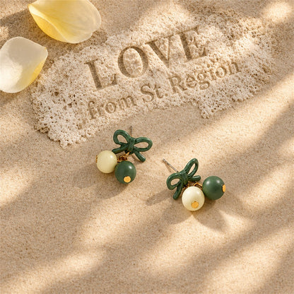 Green Enamel and 18K Gold-Plated Bow Drop Earrings, gold drop earrings for women, everyday style, lifestyle look