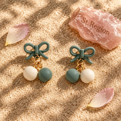 Green Enamel and 18K Gold-Plated Bow Drop Earrings, gold drop earrings for women, everyday style, detail close-up