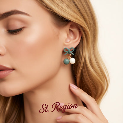 Green Enamel and 18K Gold-Plated Bow Drop Earrings, gold drop earrings for women, everyday style, styled look