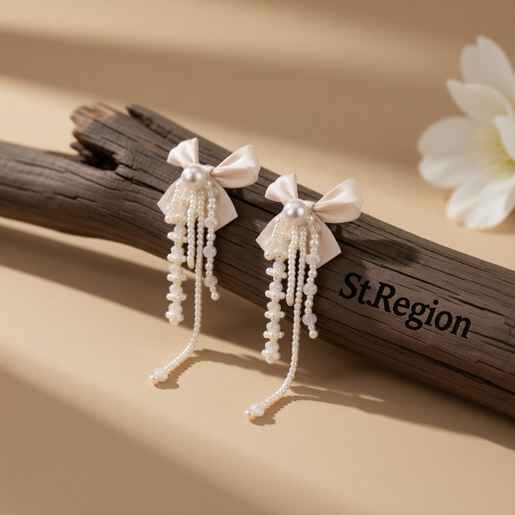 White Mesh and Pearl Butterfly Tassel Drop Earrings, drop earrings for women, botanical inspired, front view