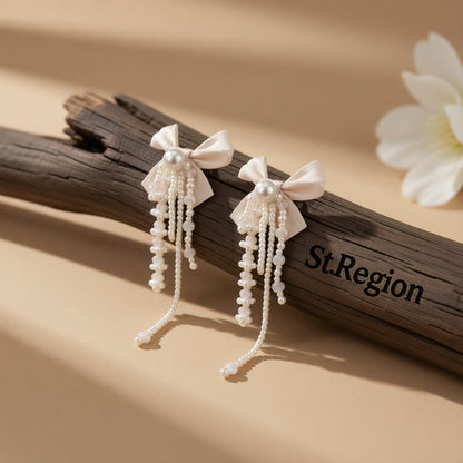 White Mesh and Pearl Butterfly Tassel Drop Earrings, drop earrings for women, botanical inspired, front view
