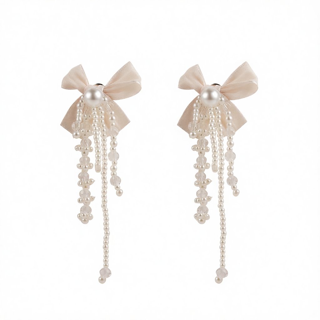 White Mesh and Pearl Butterfly Tassel Drop Earrings, drop earrings for women, botanical inspired, side view