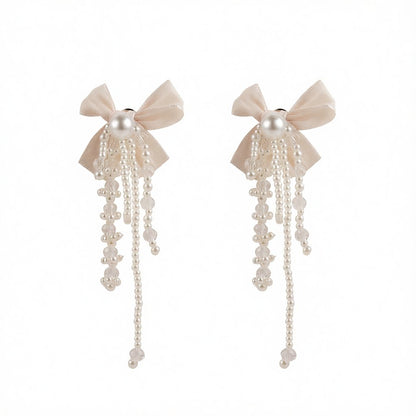White Mesh and Pearl Butterfly Tassel Drop Earrings, drop earrings for women, botanical inspired, side view