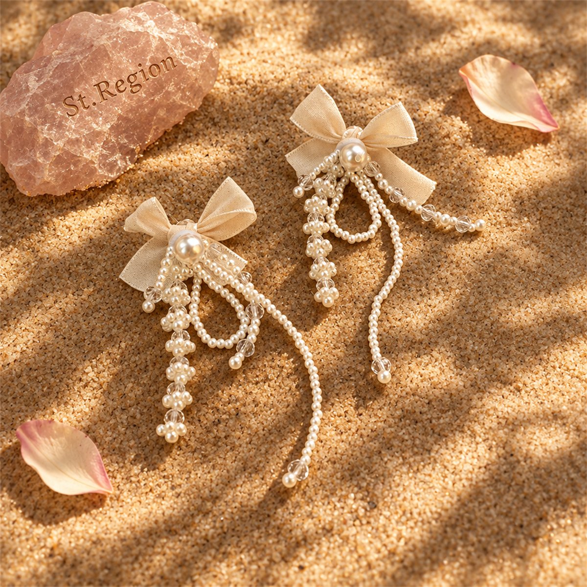 White Mesh and Pearl Butterfly Tassel Drop Earrings, drop earrings for women, botanical inspired, detail close-up
