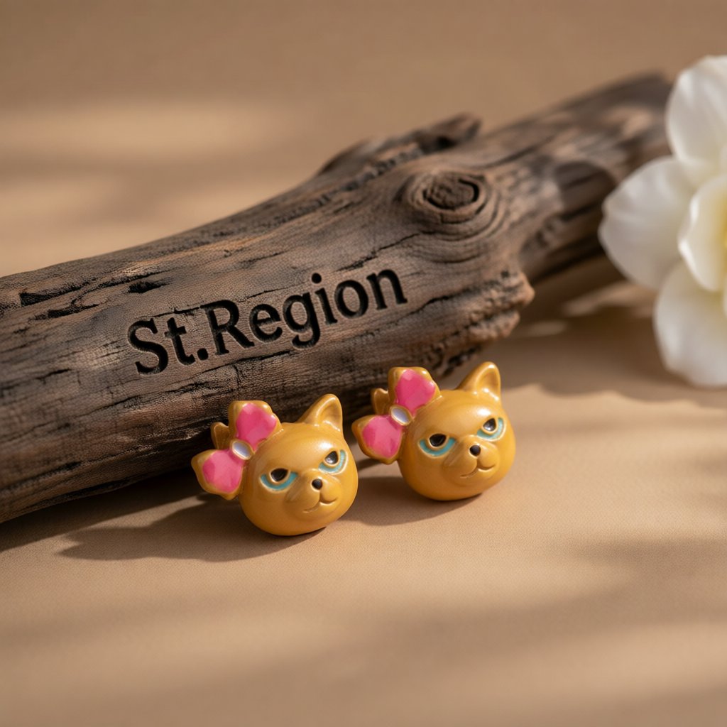 Yellow and Pink Bow Kitty Stud Earrings, stud earrings for women, everyday style, front view