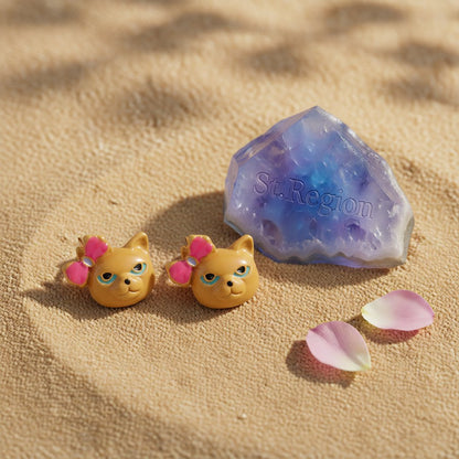 Yellow and Pink Bow Kitty Stud Earrings, stud earrings for women, everyday style, detail close-up