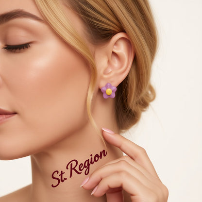 Purple and Yellow Flower Stud Earrings, stud earrings for women, everyday style, styled look
