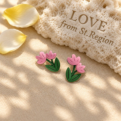 Pink and Green Double Tulip Stud Earrings, stud earrings for women, vintage-inspired design, lifestyle look