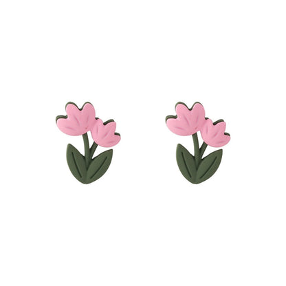 Pink and Green Double Tulip Stud Earrings, stud earrings for women, vintage-inspired design, side view
