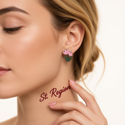 Pink and Green Double Tulip Stud Earrings, stud earrings for women, vintage-inspired design, styled look