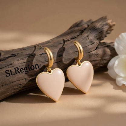 Beige Enamel and 18K Gold-Plated Heart Drop Earrings, gold drop earrings for women, everyday style, front view