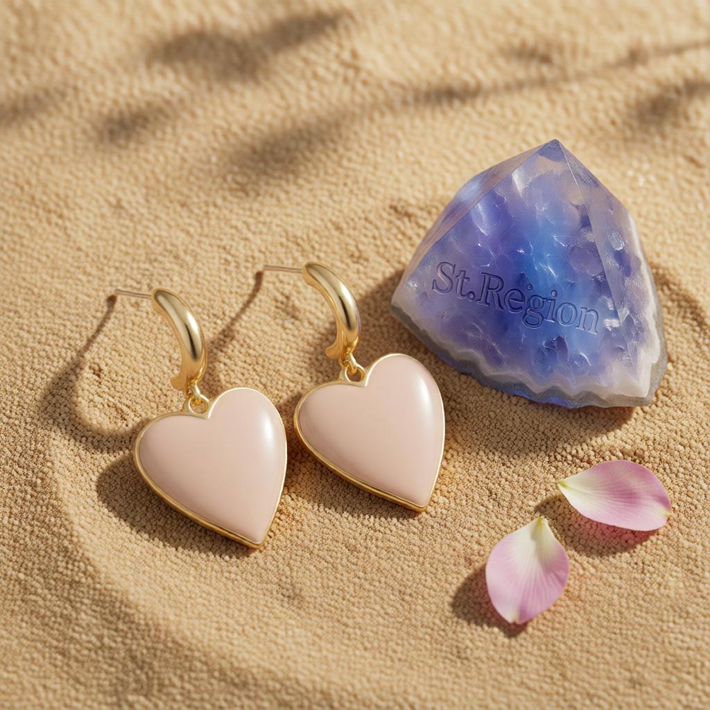 Beige Enamel and 18K Gold-Plated Heart Drop Earrings, gold drop earrings for women, everyday style, detail close-up