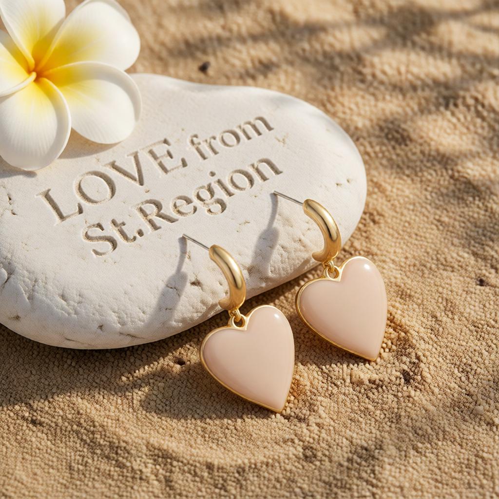 Beige Enamel and 18K Gold-Plated Heart Drop Earrings, gold drop earrings for women, everyday style, lifestyle look