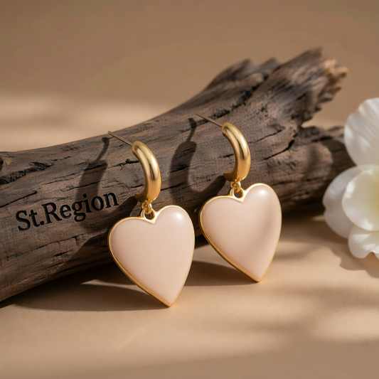 Beige Enamel & 18K Gold-Plated Heart Drop Earrings