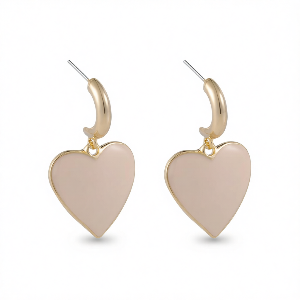 Beige Enamel & 18K Gold-Plated Heart Drop Earrings