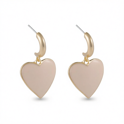 Beige Enamel & 18K Gold-Plated Heart Drop Earrings