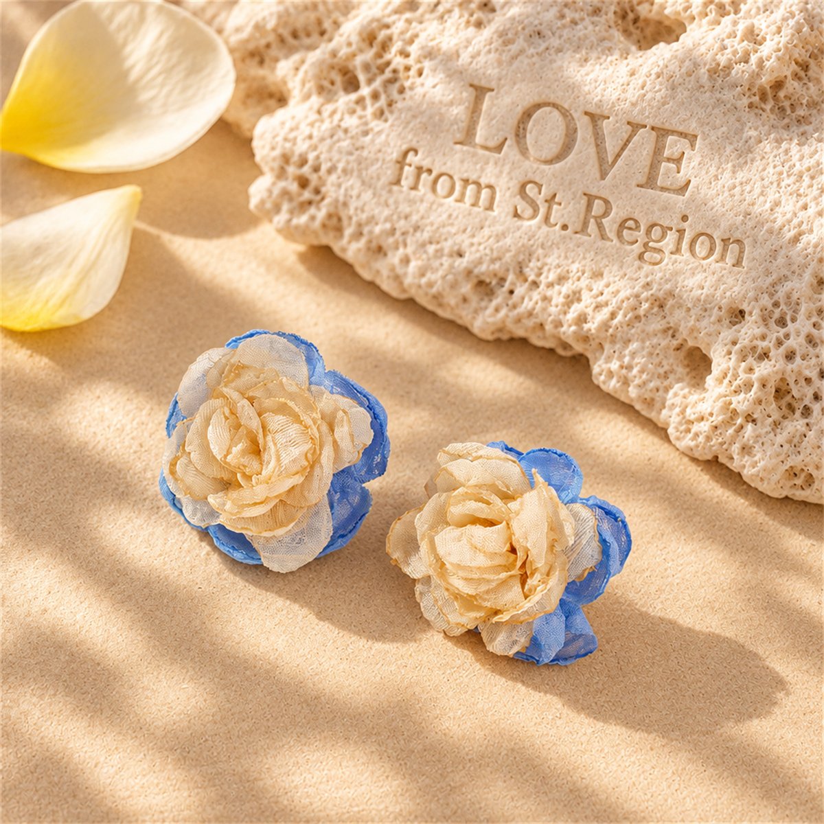 Beige and Blue Chiffon Flower Stud Earrings, stud earrings for women, elegant gift for her, lifestyle look