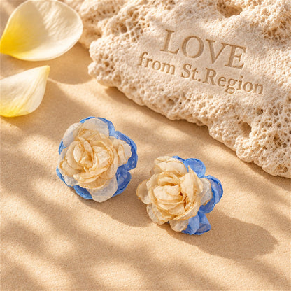 Beige and Blue Chiffon Flower Stud Earrings, stud earrings for women, elegant gift for her, lifestyle look