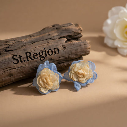 Beige and Blue Chiffon Flower Stud Earrings, stud earrings for women, elegant gift for her, front view