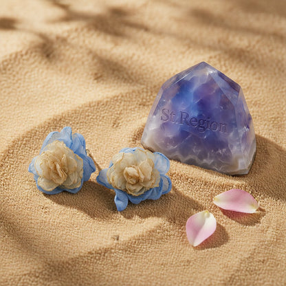 Beige and Blue Chiffon Flower Stud Earrings, stud earrings for women, elegant gift for her, detail close-up