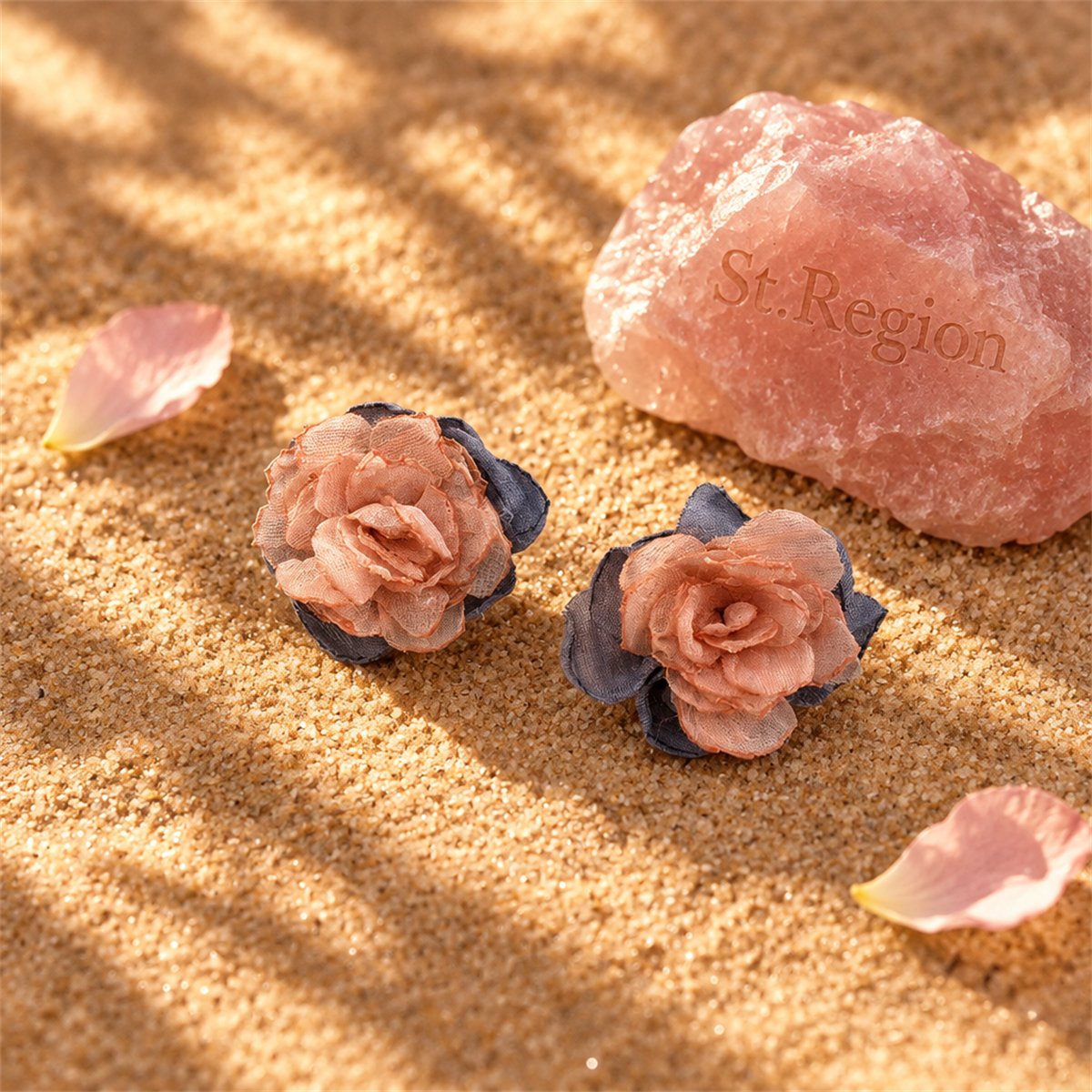 Pink and Blue Chiffon and Silver-Plated Flower Stud Earrings, silver stud earrings for women, everyday style, detail close-up