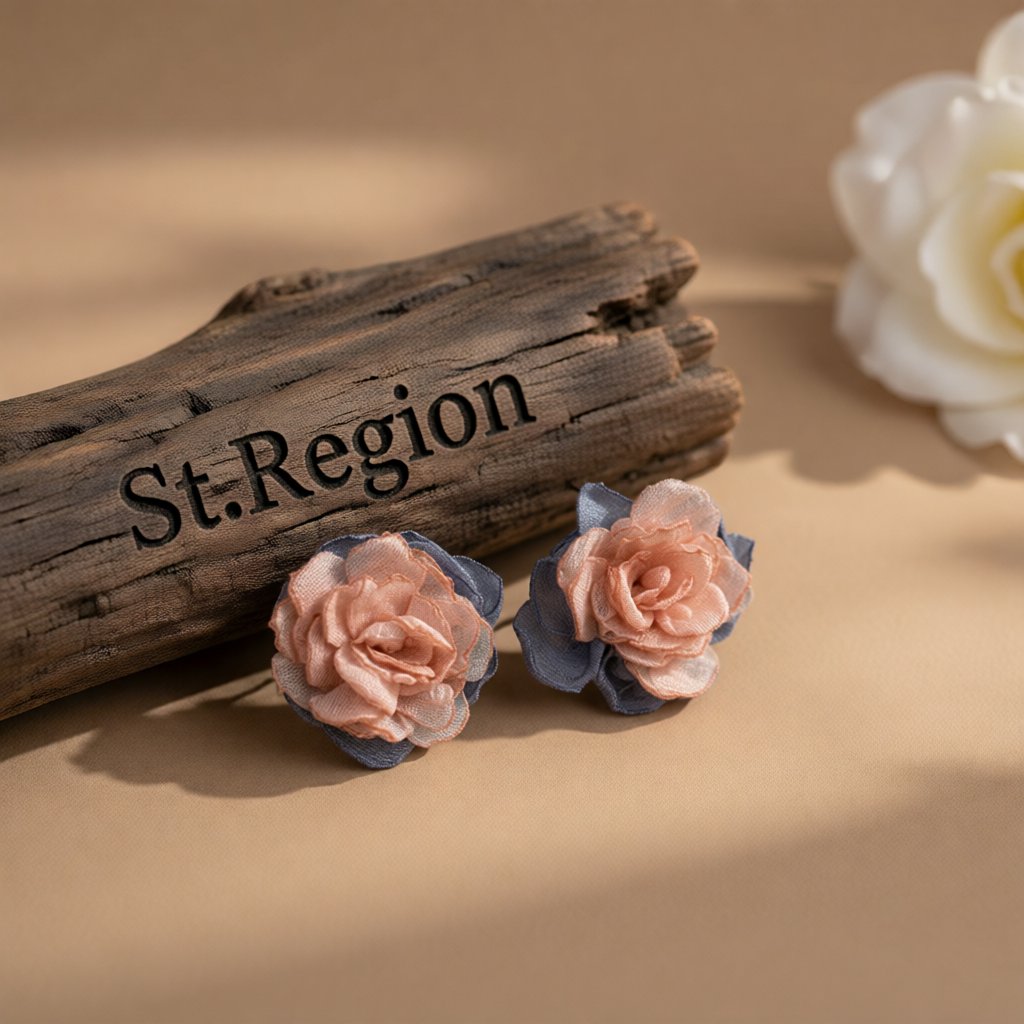 Pink and Blue Chiffon and Silver-Plated Flower Stud Earrings, silver stud earrings for women, everyday style, front view