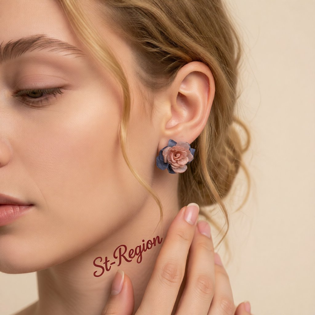 Pink and Blue Chiffon and Silver-Plated Flower Stud Earrings, silver stud earrings for women, everyday style, styled look