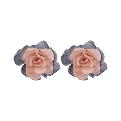 Pink and Blue Chiffon and Silver-Plated Flower Stud Earrings, silver stud earrings for women, everyday style, side view
