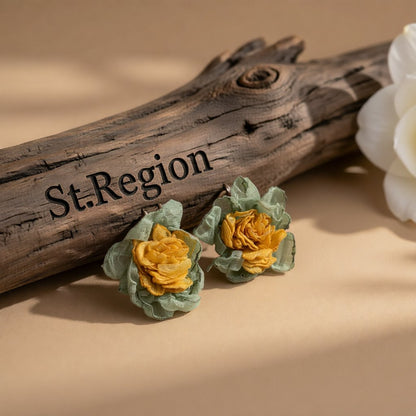 Yellow and Green Chiffon Flower Stud Earrings, stud earrings for women, elegant gift for her, front view