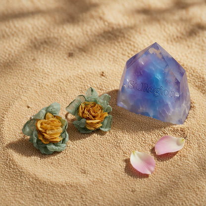 Yellow and Green Chiffon Flower Stud Earrings, stud earrings for women, elegant gift for her, detail close-up