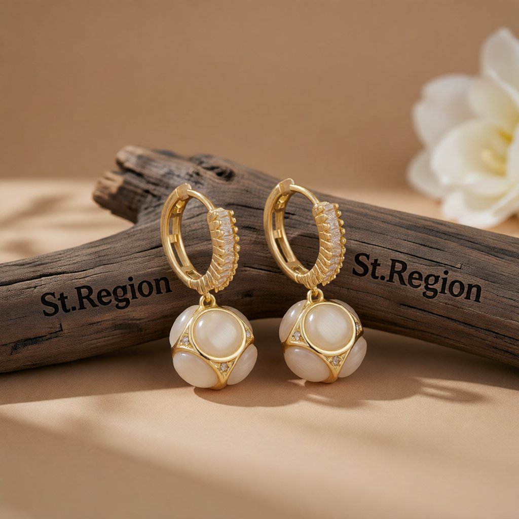 Cat's Eye and Cubic Zirconia 18K Gold-Plated Ball Drop Earrings, gold drop earrings for women, botanical inspired, front view