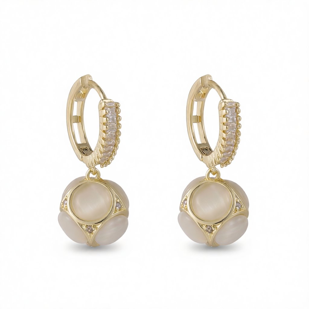 Cat's Eye and Cubic Zirconia 18K Gold-Plated Ball Drop Earrings, gold drop earrings for women, botanical inspired, side view