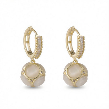 Cat's Eye and Cubic Zirconia 18K Gold-Plated Ball Drop Earrings, gold drop earrings for women, botanical inspired, side view