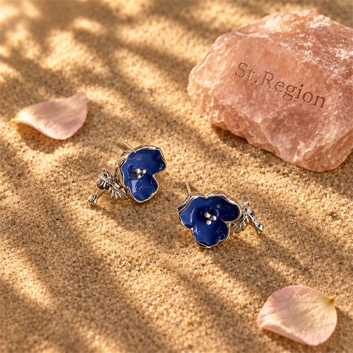 Blue and Silver-Plated Flower and Bird Drop Earrings, silver drop earrings for women, everyday style, detail close-up