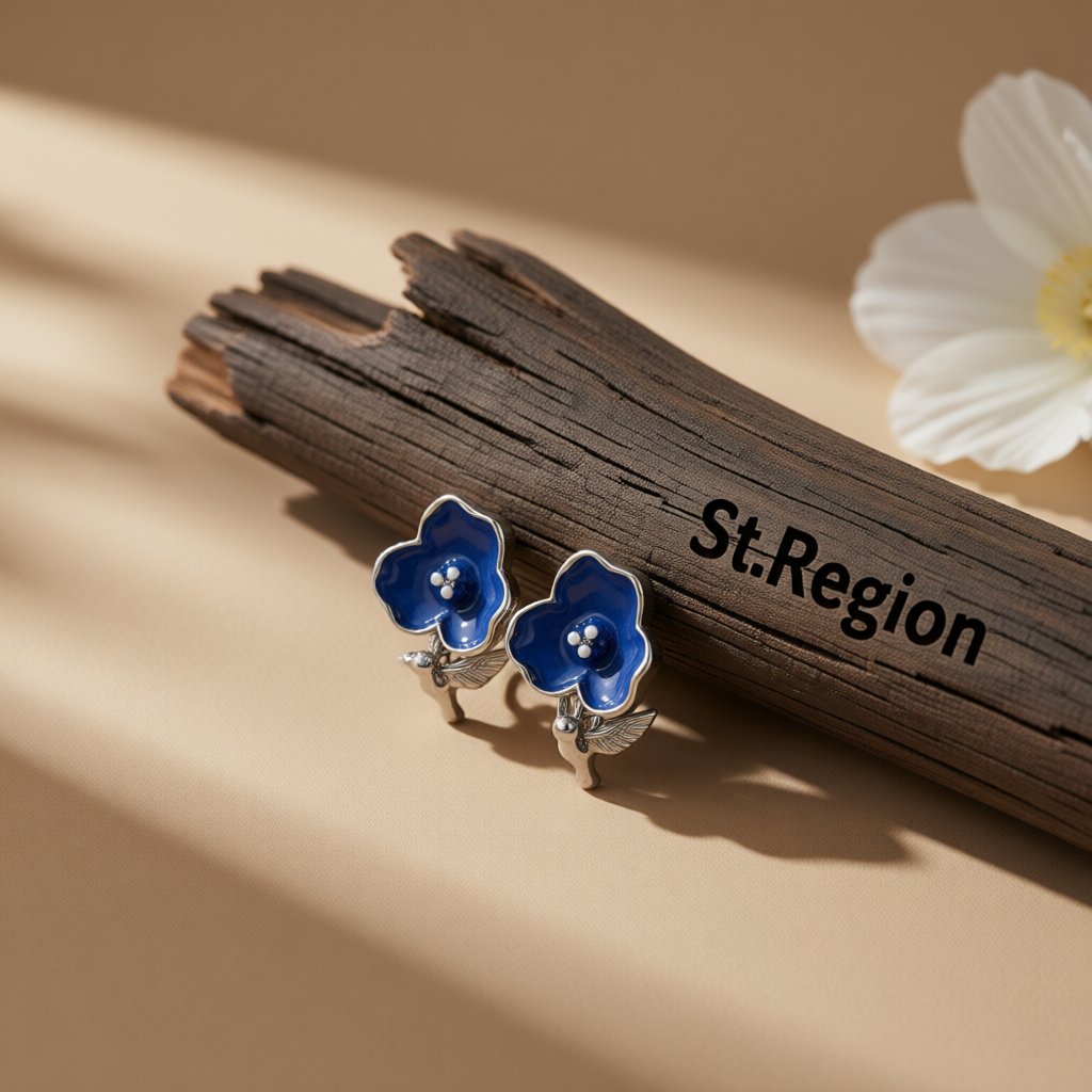 Blue and Silver-Plated Flower and Bird Drop Earrings, silver drop earrings for women, everyday style, front view