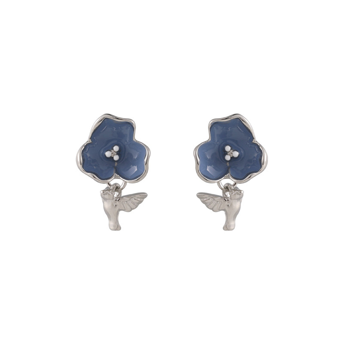Blue and Silver-Plated Flower and Bird Drop Earrings, silver drop earrings for women, everyday style, side view