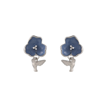 Blue and Silver-Plated Flower and Bird Drop Earrings, silver drop earrings for women, everyday style, side view