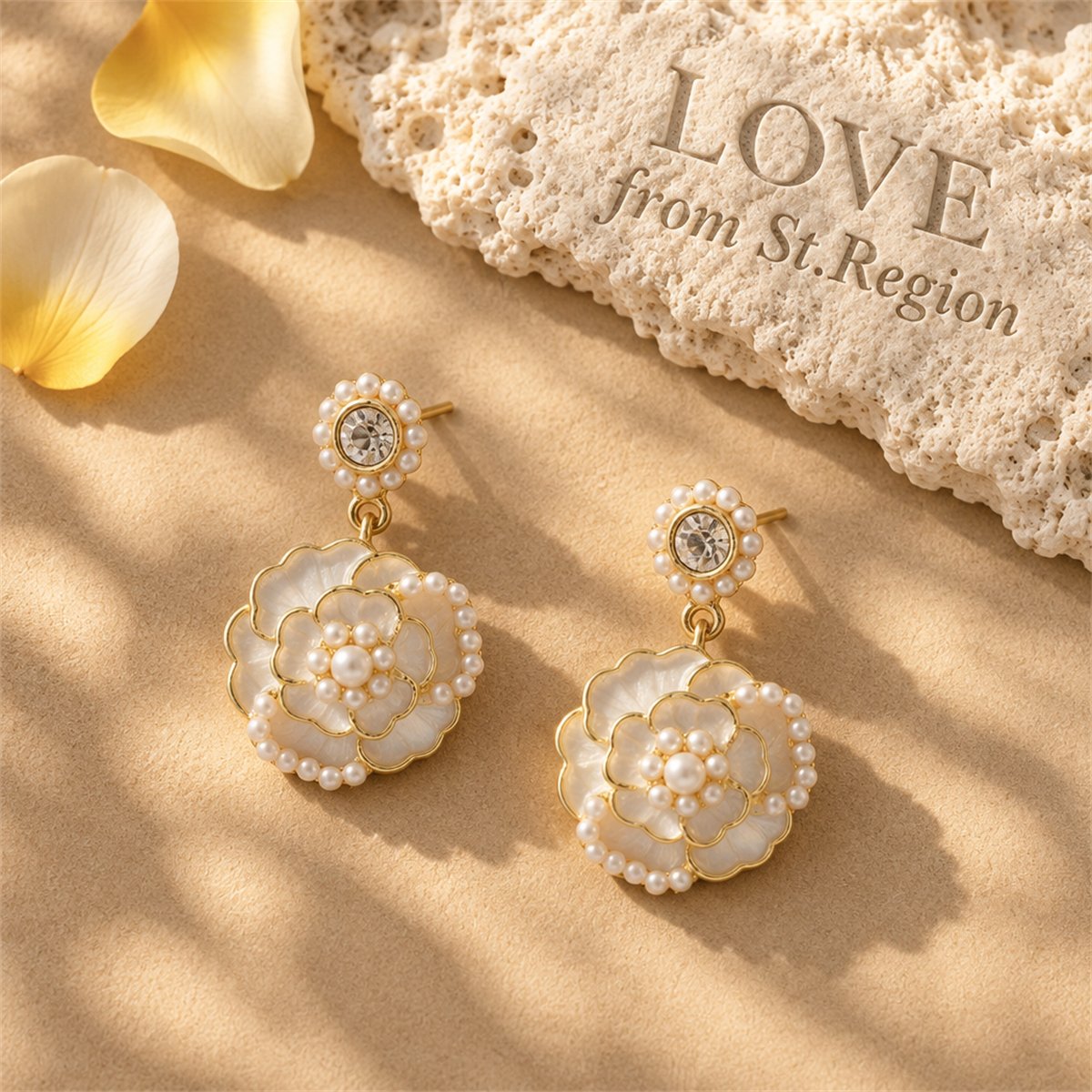 Cubic Zirconia and Pearl White Enamel 18K Gold-Plated Tiered Camellia Drop Earrings, gold drop earrings..., lifestyle look