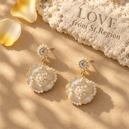 Cubic Zirconia and Pearl White Enamel 18K Gold-Plated Tiered Camellia Drop Earrings, gold drop earrings..., lifestyle look