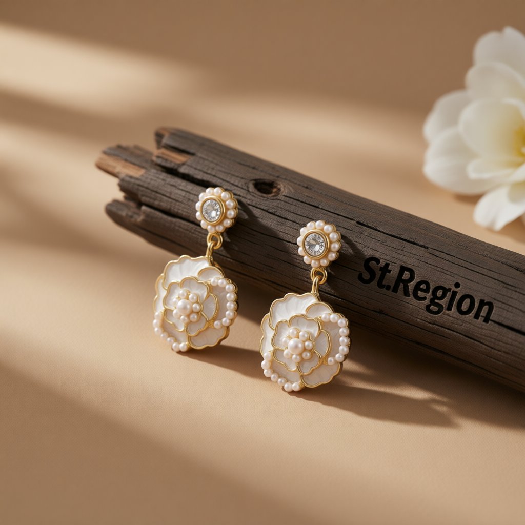 Cubic Zirconia and Pearl White Enamel 18K Gold-Plated Tiered Camellia Drop Earrings, gold drop earrings for women, front view