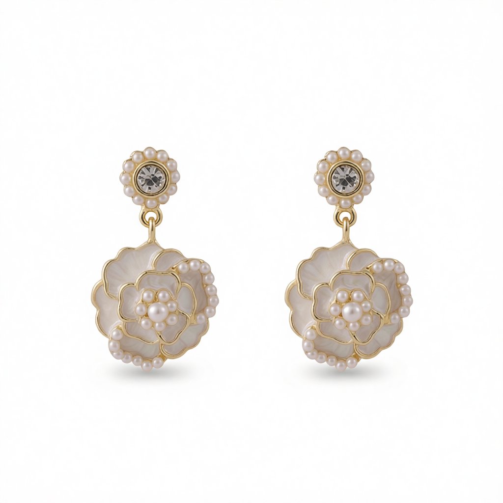 Cubic Zirconia and Pearl White Enamel 18K Gold-Plated Tiered Camellia Drop Earrings, gold drop earrings for women, side view
