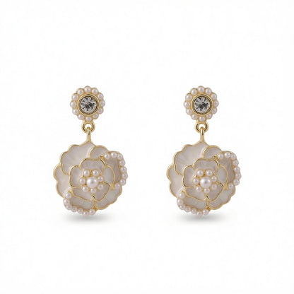 Cubic Zirconia and Pearl White Enamel 18K Gold-Plated Tiered Camellia Drop Earrings, gold drop earrings for women, side view
