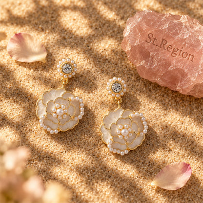 Cubic Zirconia and Pearl White Enamel 18K Gold-Plated Tiered Camellia Drop Earrings, gold drop earrings..., detail close-up