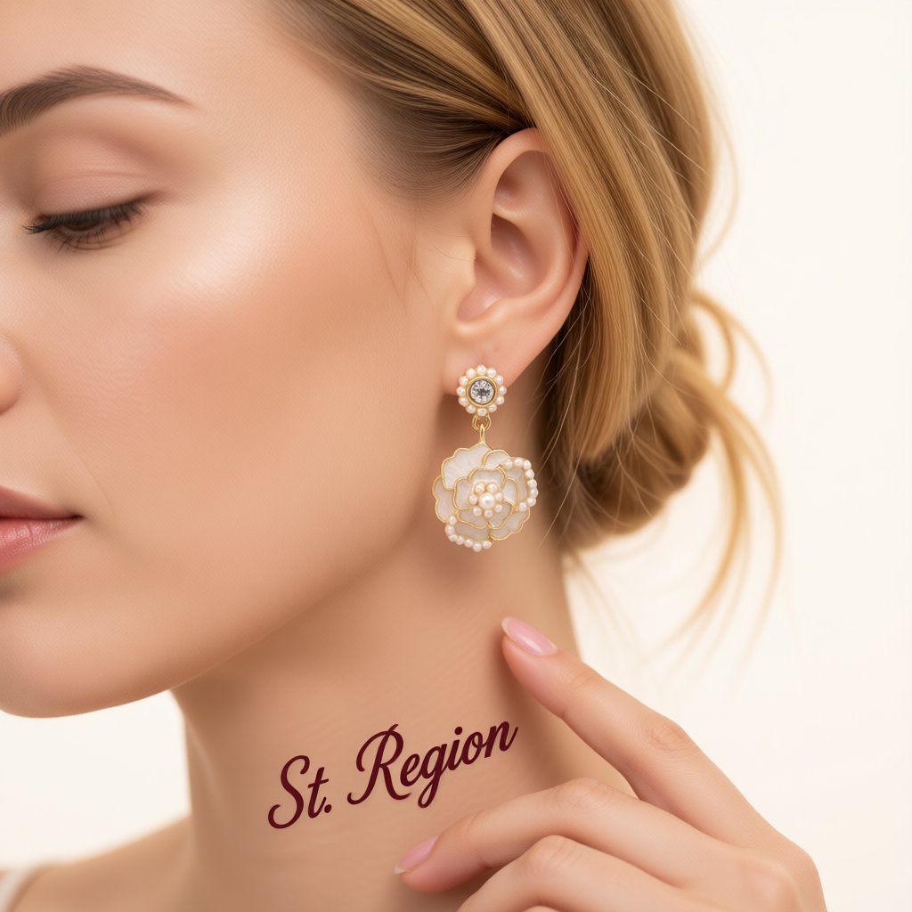 Cubic Zirconia and Pearl White Enamel 18K Gold-Plated Tiered Camellia Drop Earrings, gold drop earrings for..., styled look